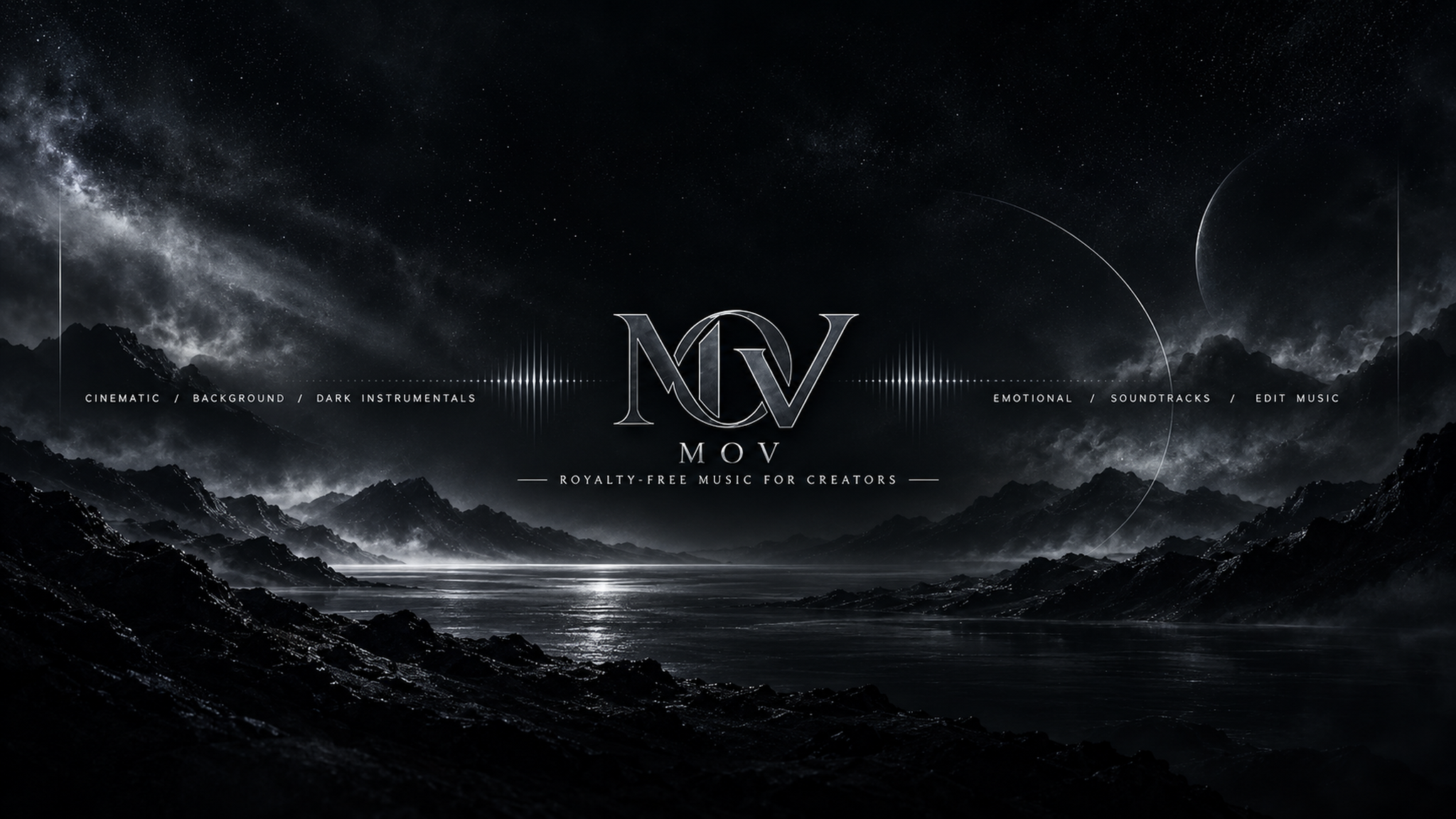 A monochrome cosmic landscape with mountains, stars and the MOV emblem